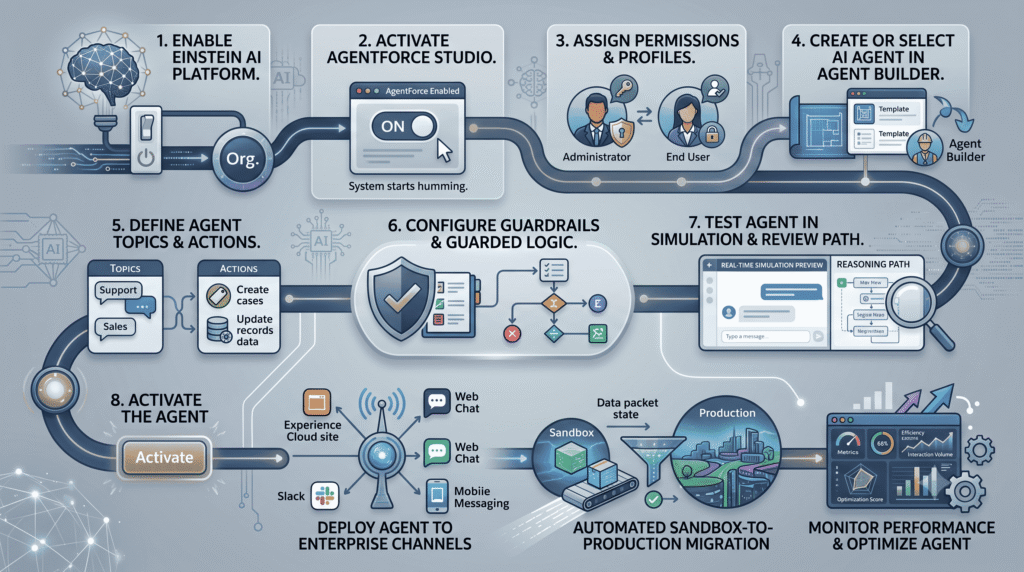this image is complete process showing of how user can use steps and make salesforce agentforce setup 
