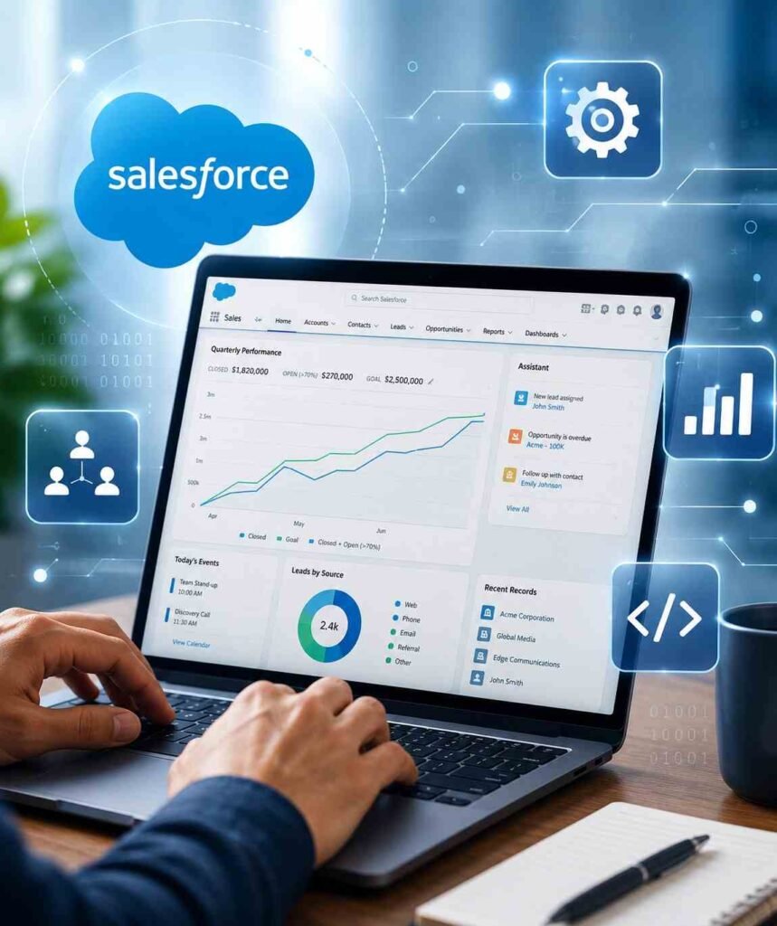 This image is showing the laptop and salesforce custom development
