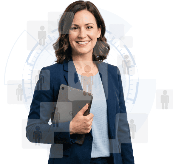 This image is showing a lady stands in front by holding a tab in his hand and describe the salesforce staff augmentation service.