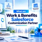This image shows Salesforce Customization Partner infographic highlighting customized CRM solutions, automated business processes, tailored features and integrations, improved operational efficiency, better user adoption, and scalable business growth.
